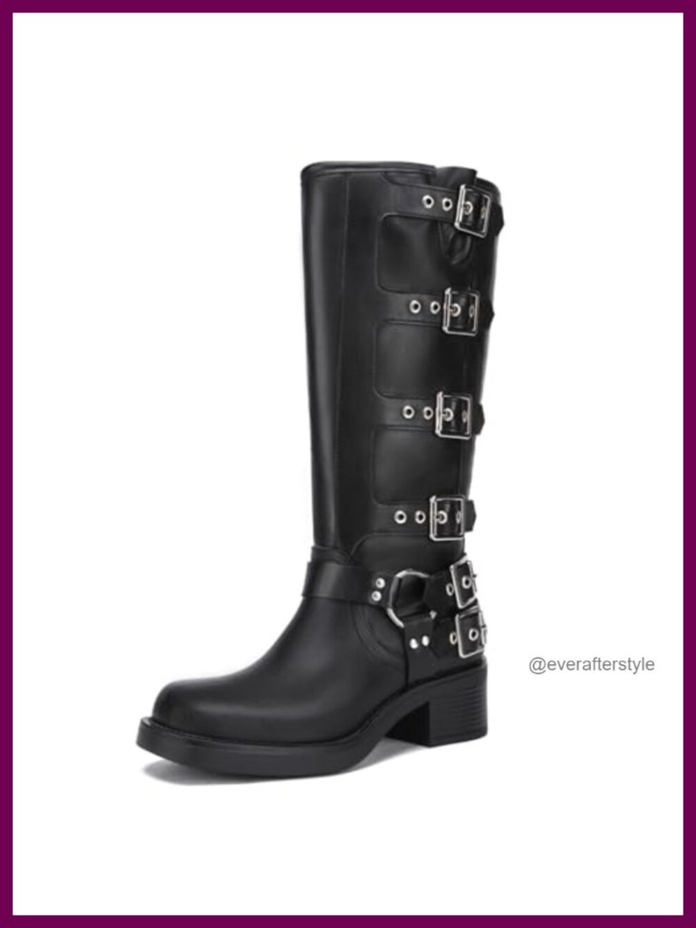 Faux Leather Knee High Riding Boots Buckle Biker Chunky Heel Wide Calf